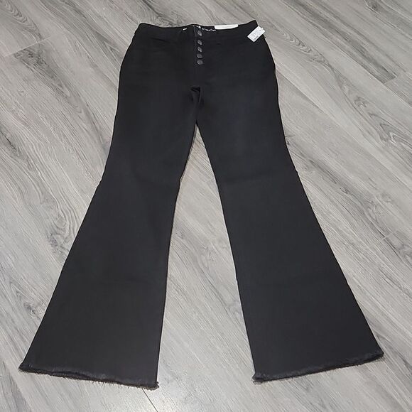 NWT Black M Jeans High Rise Button Raw Hem Flare Jeans - Picture 6 of 9